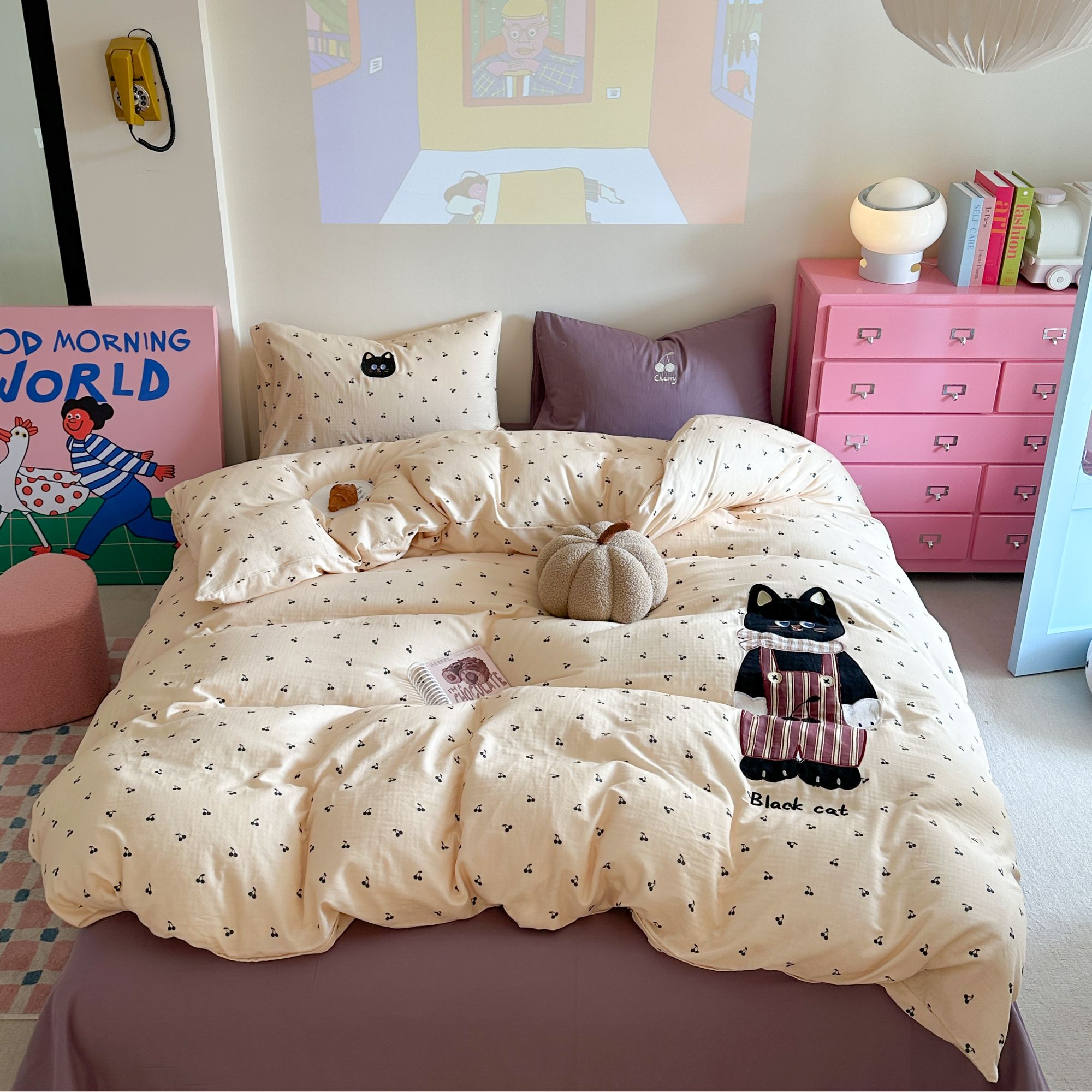 特！小玲子 小黑猫系列 全棉双层纱A类刺绣工艺款三件套四件套