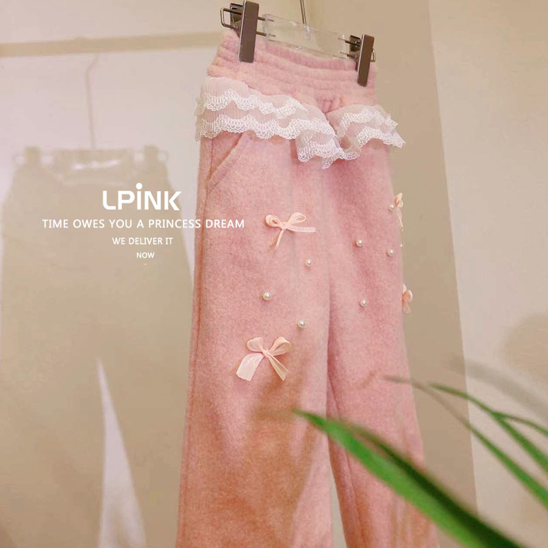 【Lpink 原创】女童春秋新款呢料双层花边钉珠蝴蝶结长裤 93093