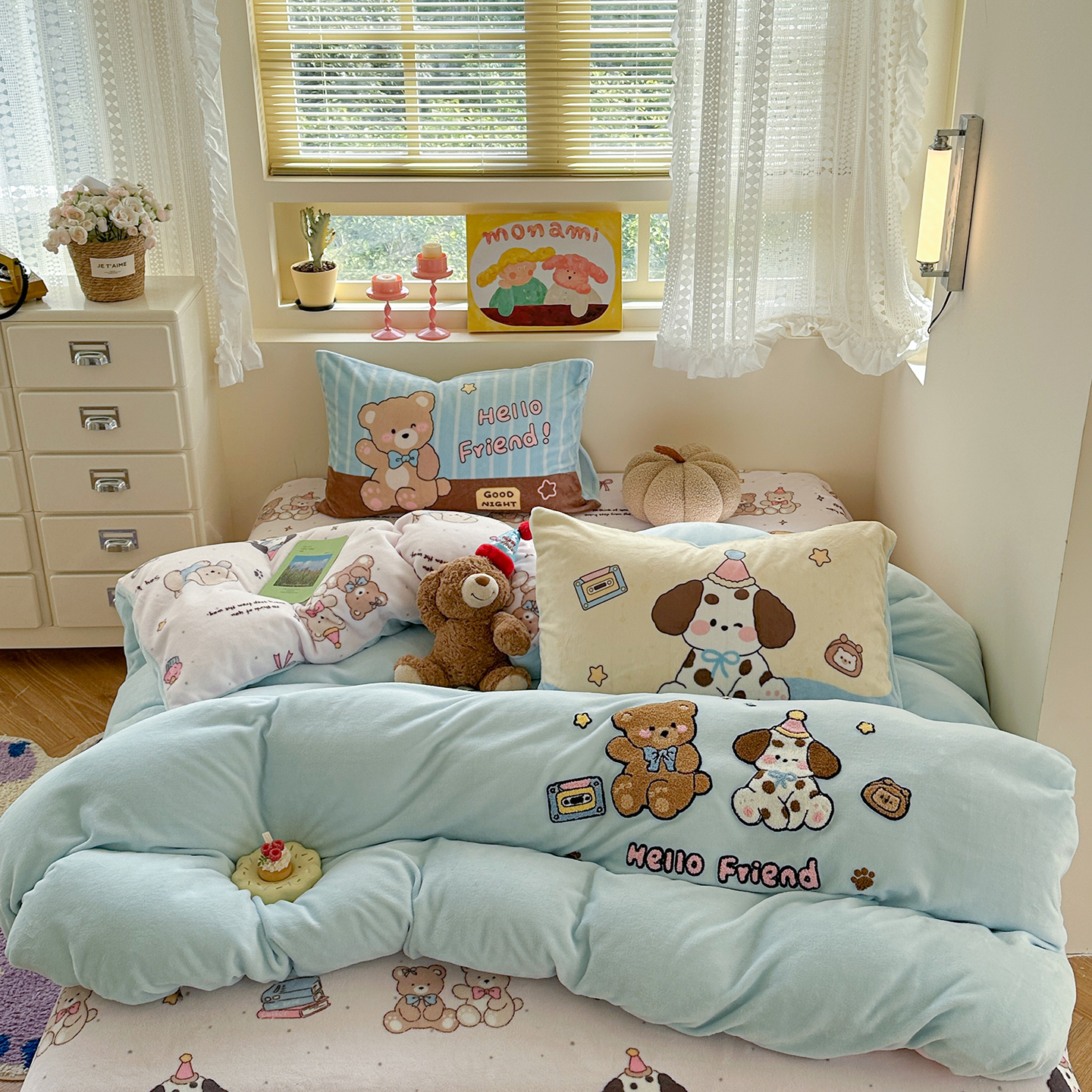 ins小清新加厚牛奶绒四件套刺绣冬季防静电保暖床上用品 送毛毯