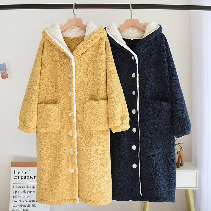 『羊羔绒睡袍』可外穿加绒加厚中长款连帽睡袍MY0194