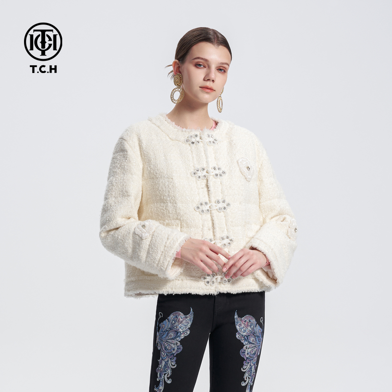 TCH2024秋冬小香风轻薄羽绒服女新中式羊毛呢外套T72D198046