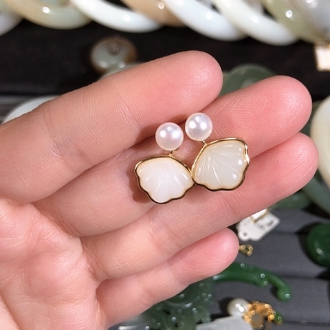 和田玉耳饰银S925镀金镶嵌