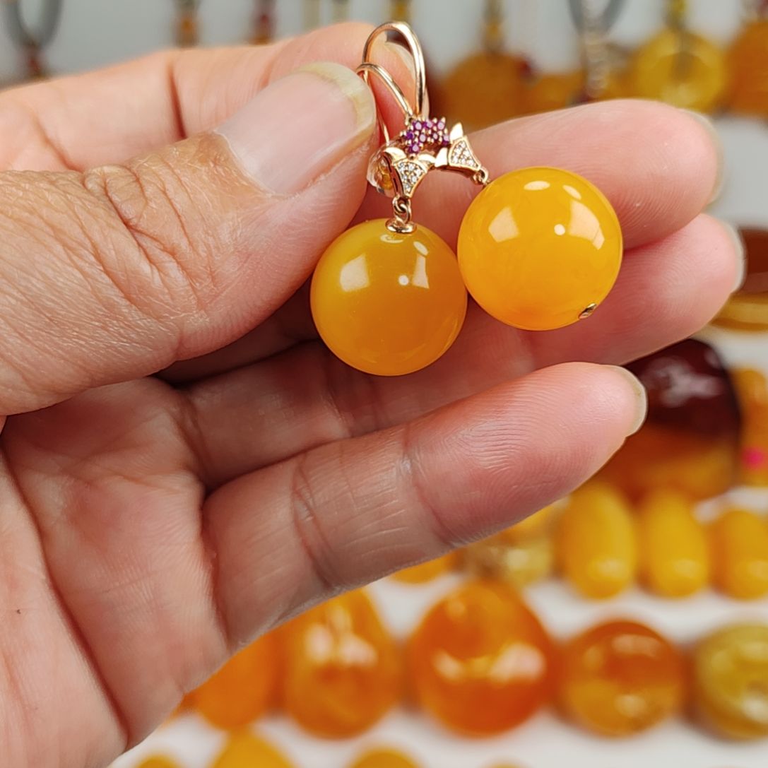 蜜蜡耳饰18K金镶嵌幽**远耳环K金