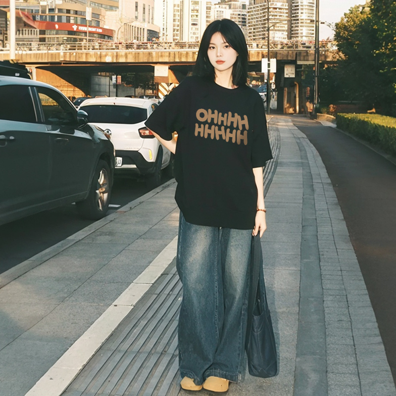  美式潮牌黑色t恤女短袖2025新款宽松显瘦小众独特纯棉落肩上衣夏