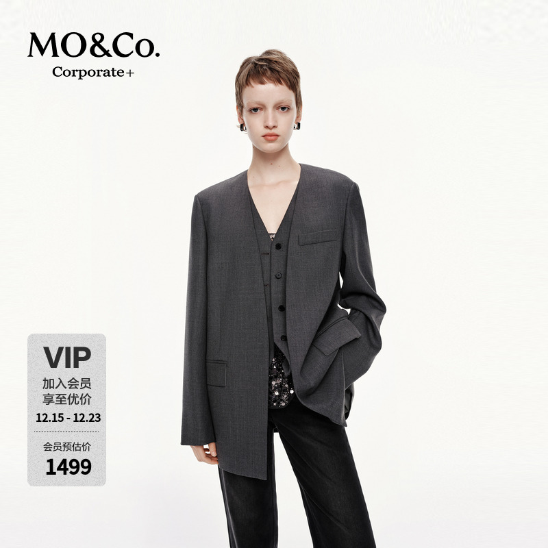 【C+系列】MOCO假两件西装2025秋新品无领垫肩廓形外套MBE3BLA018