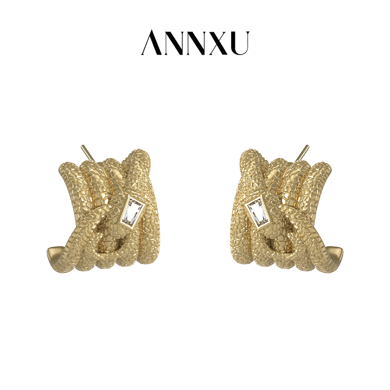ANNXU 铜合金合成锆石耳饰 灵蛇纳福系列灵韵衔尾蛇耳钉复古气质