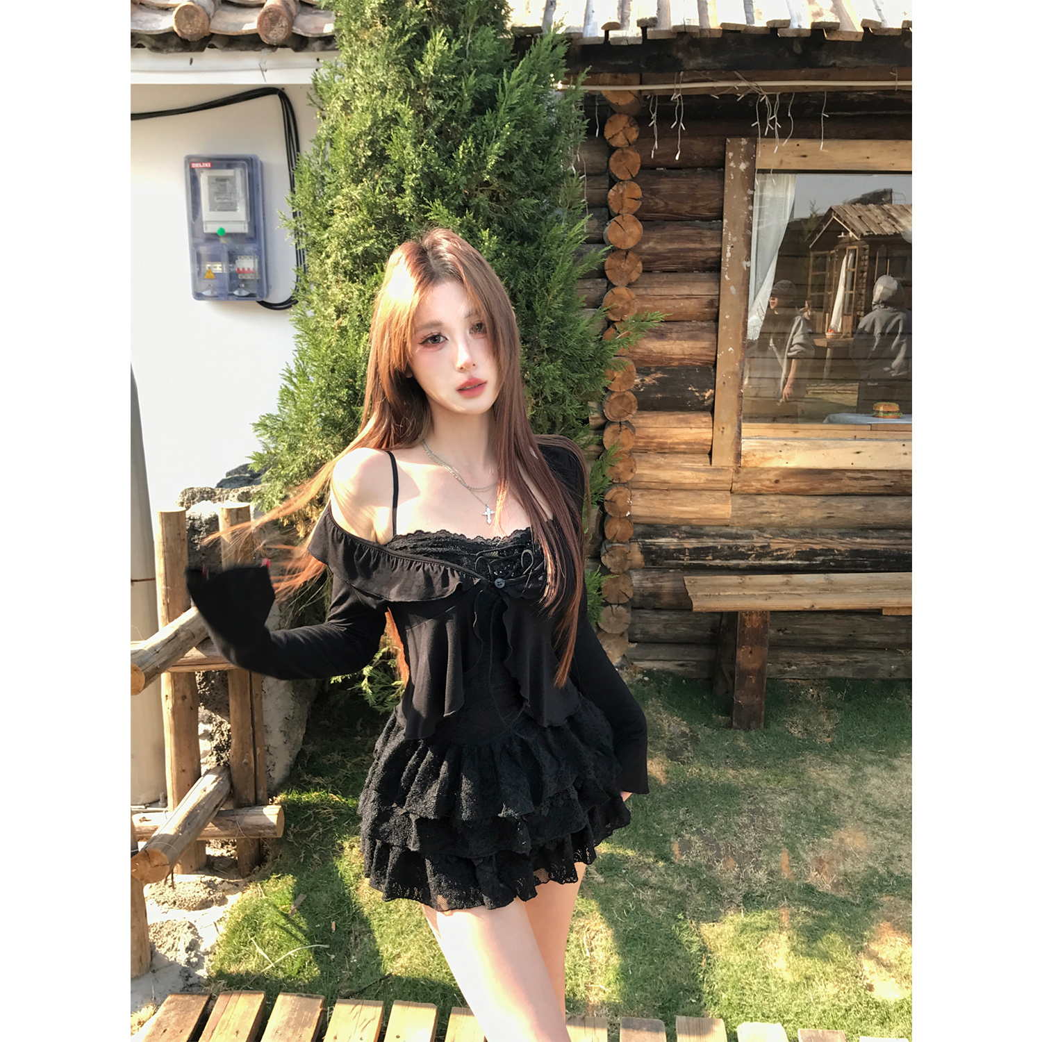 Mejiu蜜九【墨染成花】设计感紫色开衫吊带连衣裙女装春季气质套装