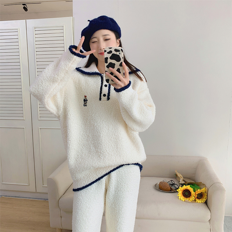 冬季可爱软绵绵半边绒睡衣套装女加绒加厚休闲保暖家居服可外穿