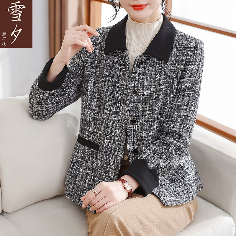 妈妈秋装高贵气质格子外套短款中老年女装50多岁时尚小香风上衣服