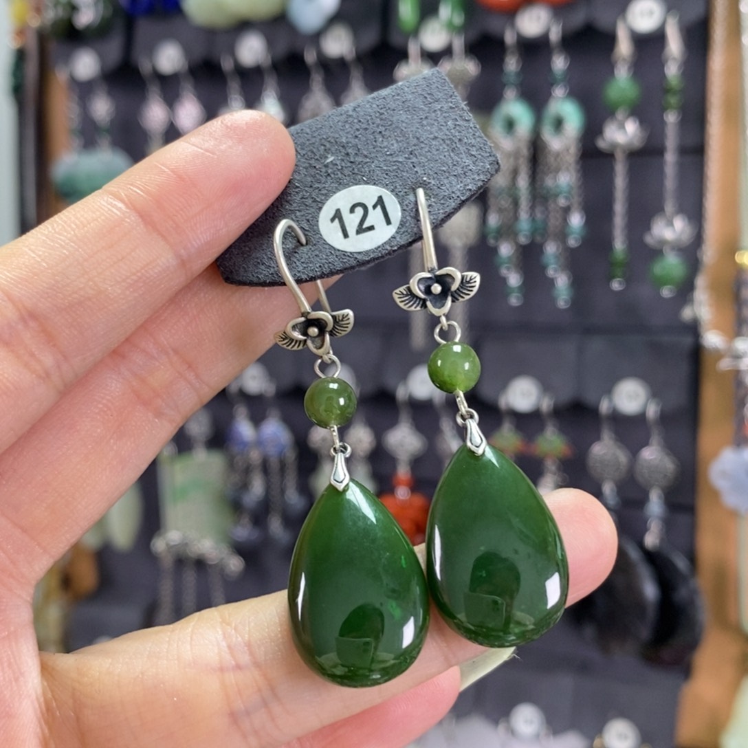 和田玉耳饰银S925镶嵌