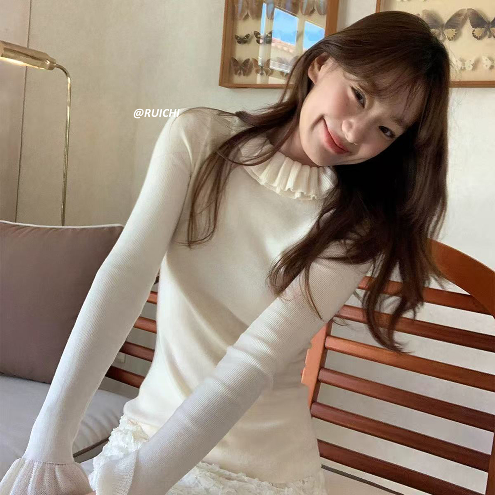 2025秋季新款双层荷叶边领纯色基础百搭套头长袖针织衫打底上衣女