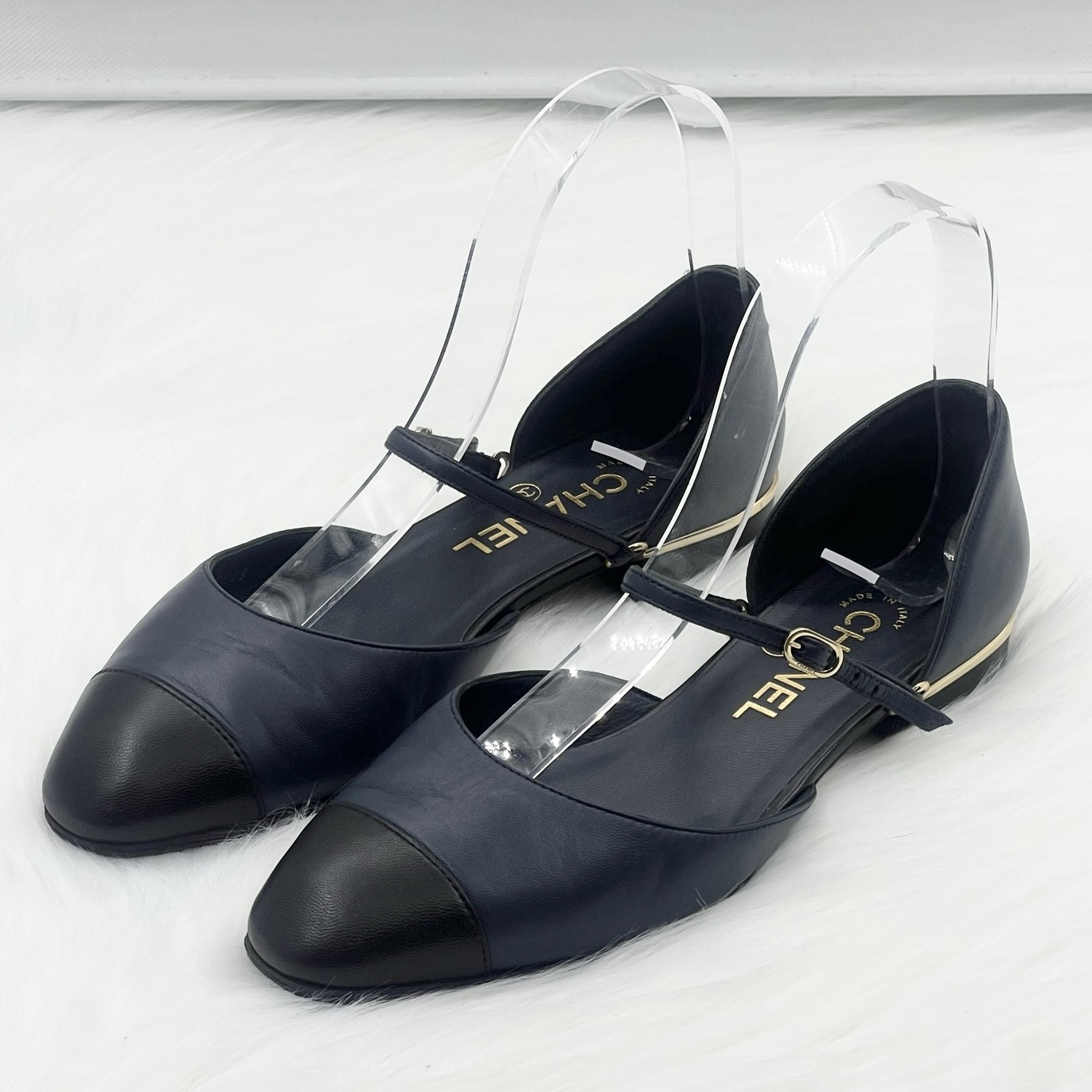 95新 Chanel/香奈儿 蓝黑拼色浅口平底鞋 37码 公价8k j1152