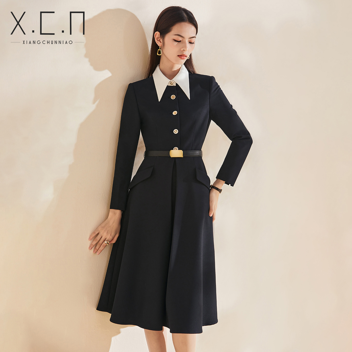 祥春鸟高级感职业连衣裙女秋冬季装气质通勤行政面试正装2338179