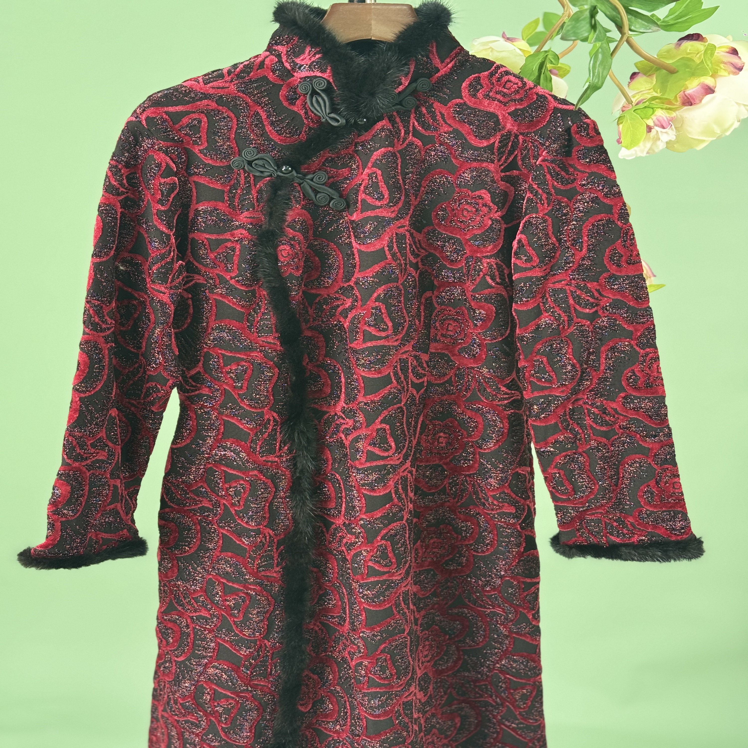 冬季立领长袖植物花卉新中式旗袍连衣裙J287