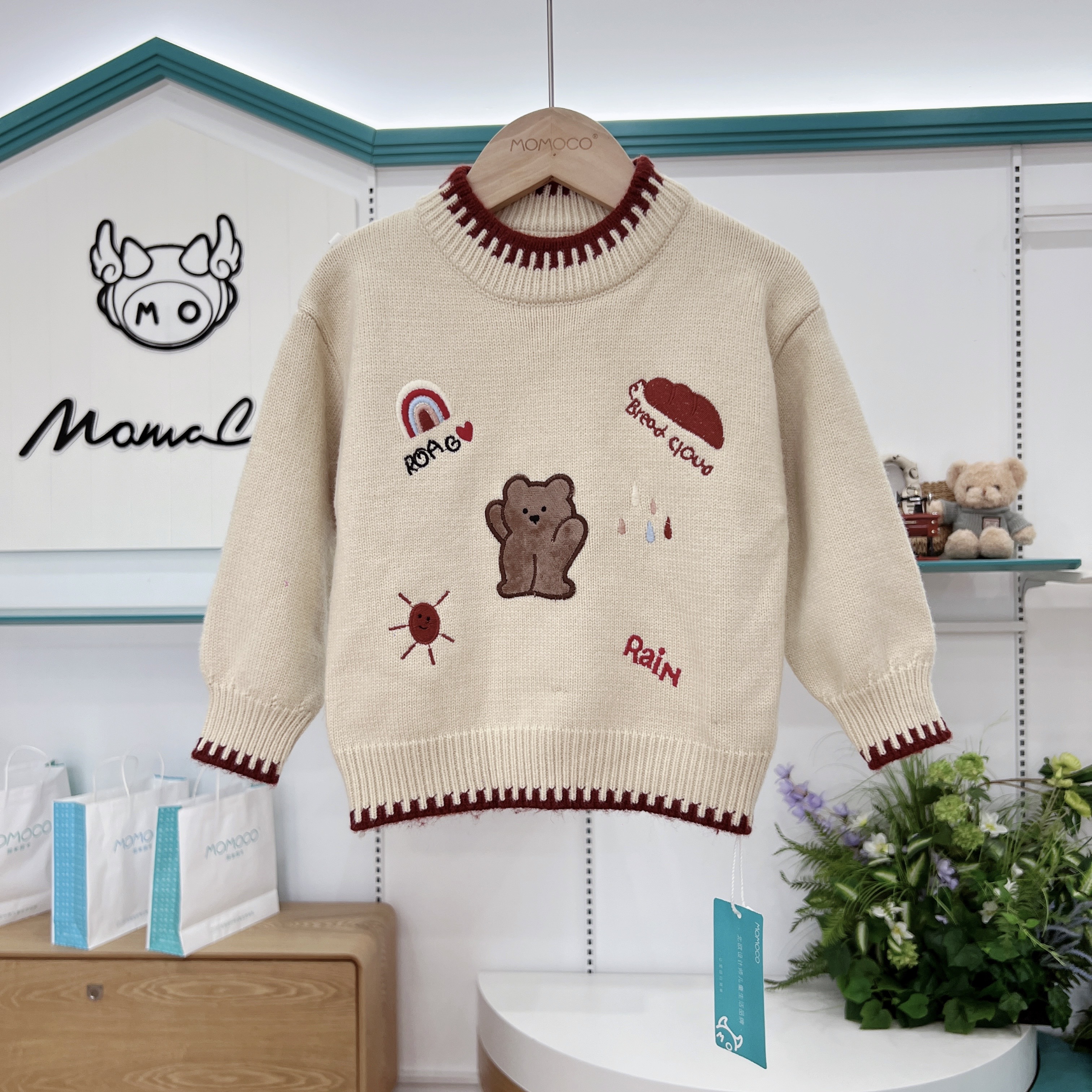 MOMOCO冬季女童2025新款保暖萌趣可爱套头小熊毛衣77830230043