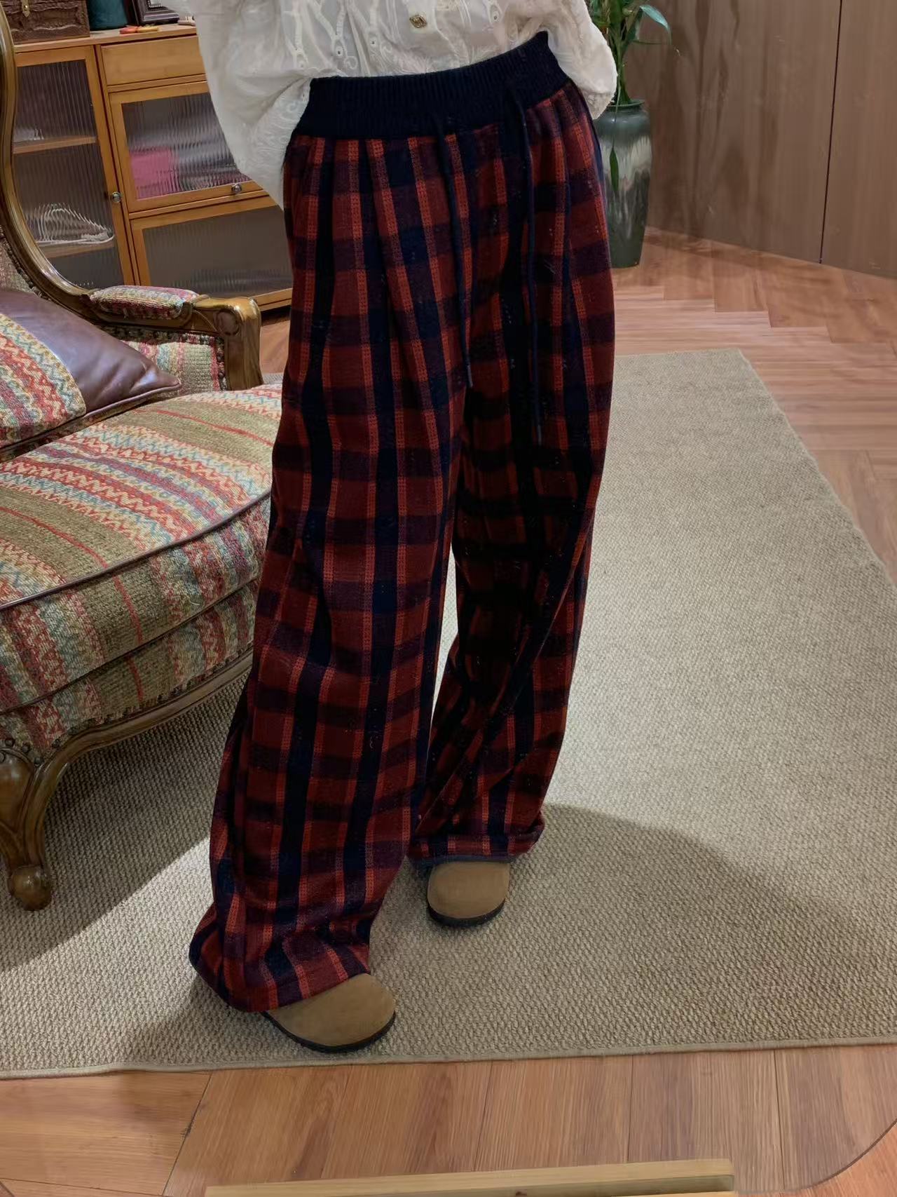 InaChou秋冬加绒舒适宽松格子松紧腰阔腿休闲裤加厚冬季阔腿裤