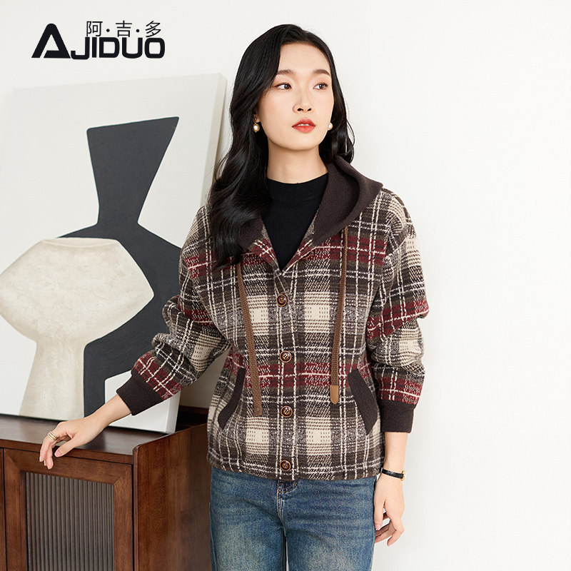 阿吉多连帽长袖格纹外套女秋季新款保暖时尚复古大码短款毛呢大衣