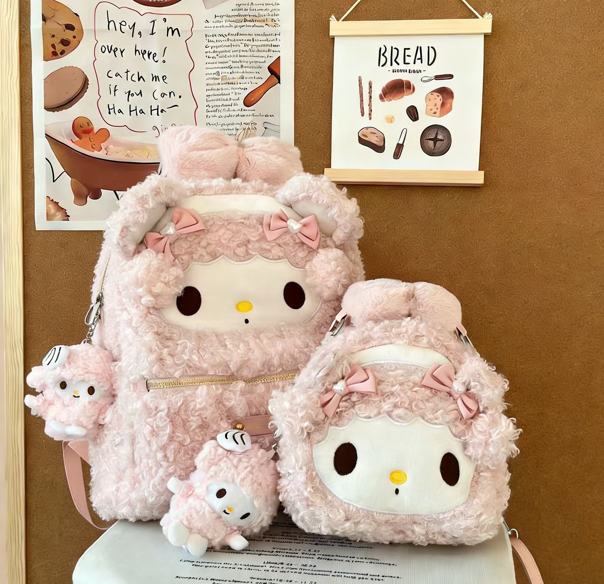 【钢琴小羊】甜妹天菜粉色蝴蝶结毛绒羊羔毛小羊包 大容量双肩背包