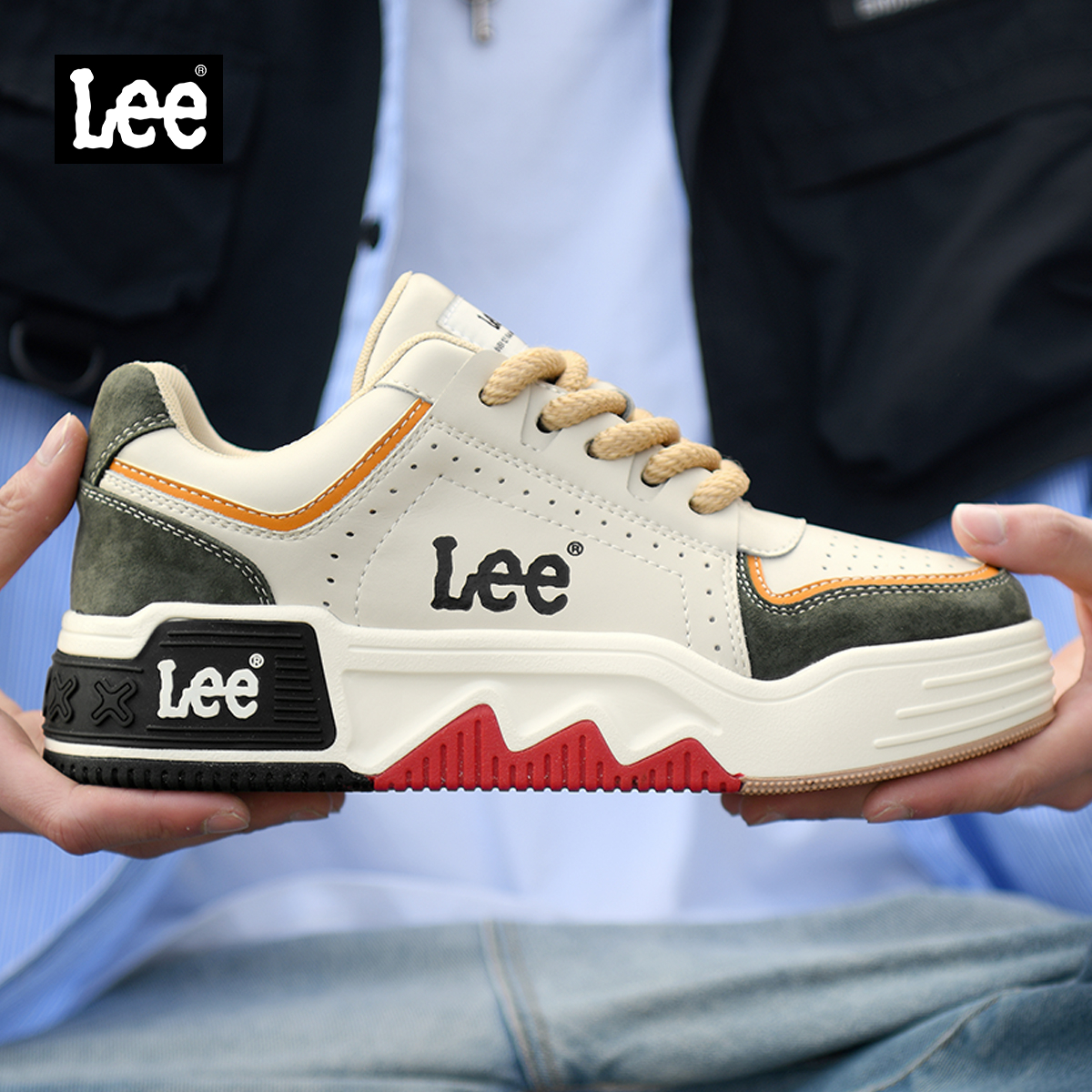 Lee男鞋2025秋季新款潮牌真皮鞋子高级感透气厚底休闲鞋运动板鞋