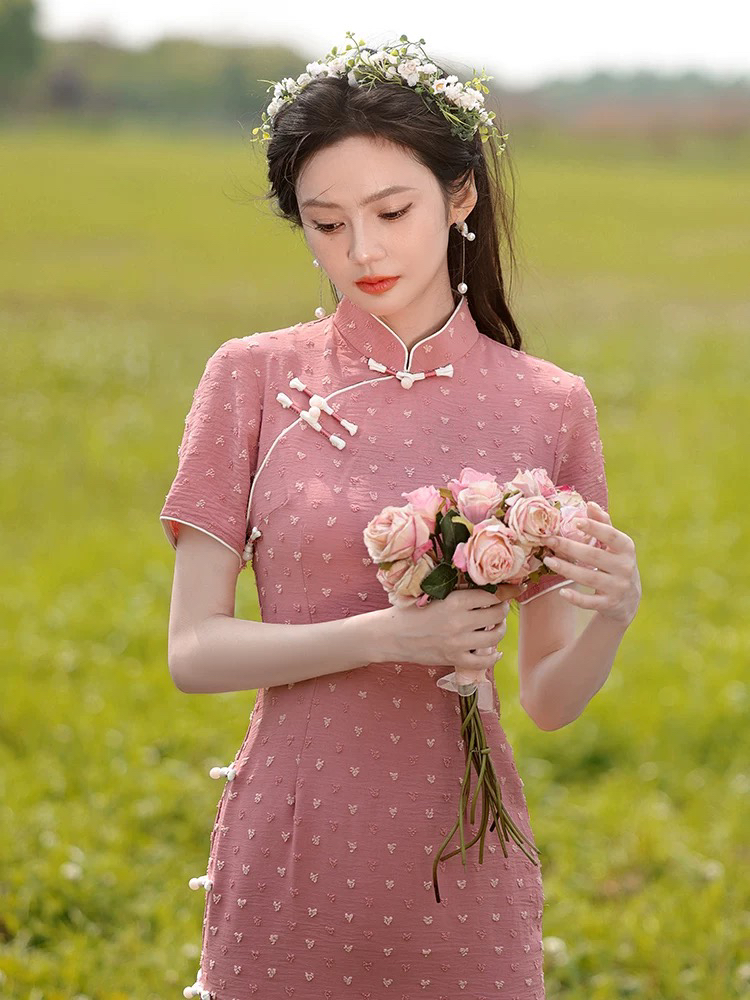 【1245 软玉温香 粉色】气质百搭款淑女显瘦旗袍中国风旗袍