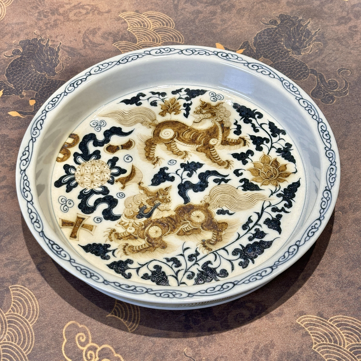 景德镇立勤堂手工手绘青花釉里金双狮绣球精美高档实用壶承茶盘