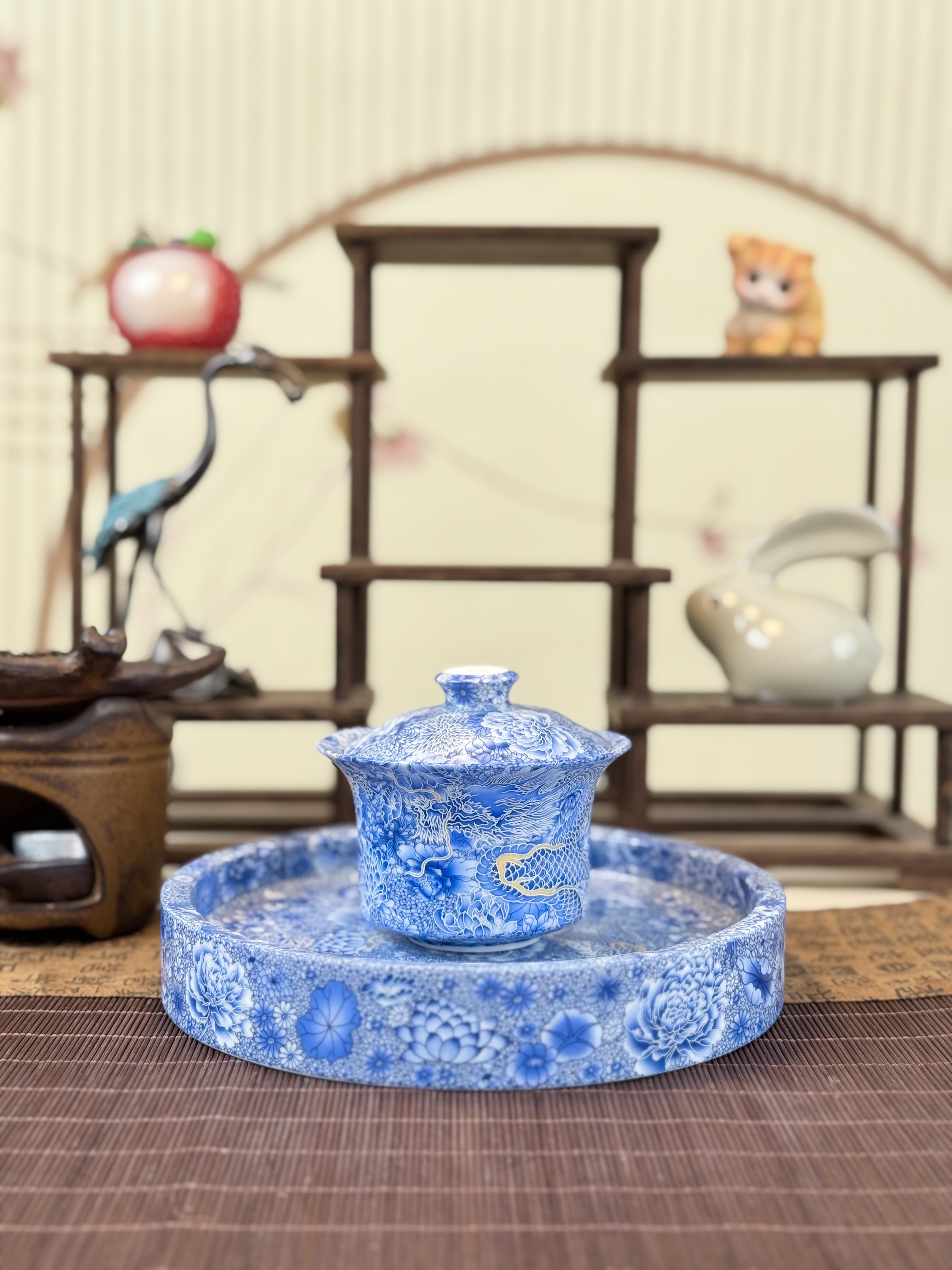 满花【蓝】龙纹盖碗组