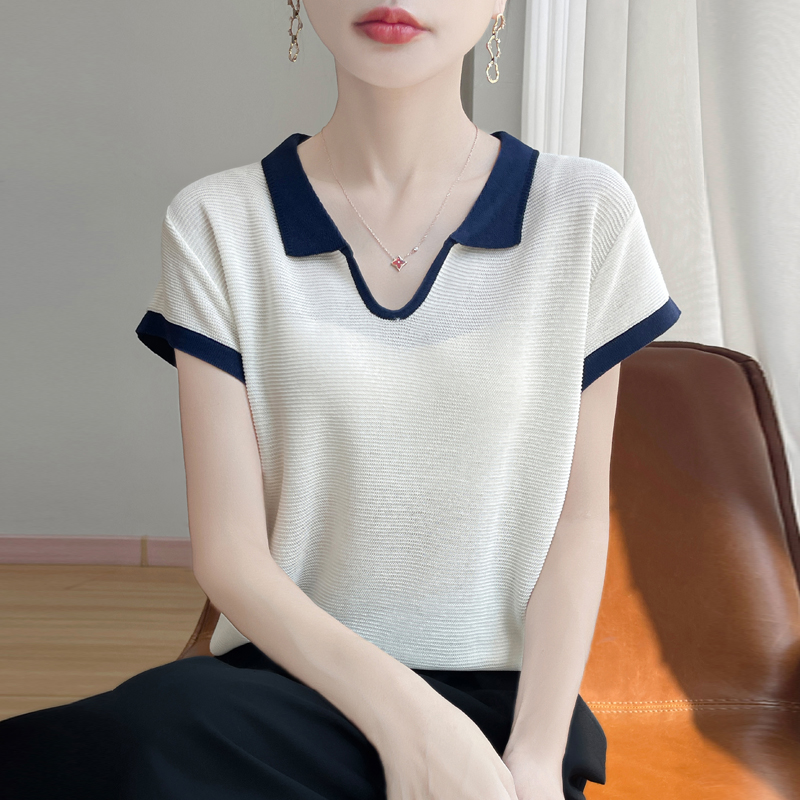 天丝苎麻翻领短袖女拼色针织T恤减龄百搭剪刀领宽松撞色上衣显瘦