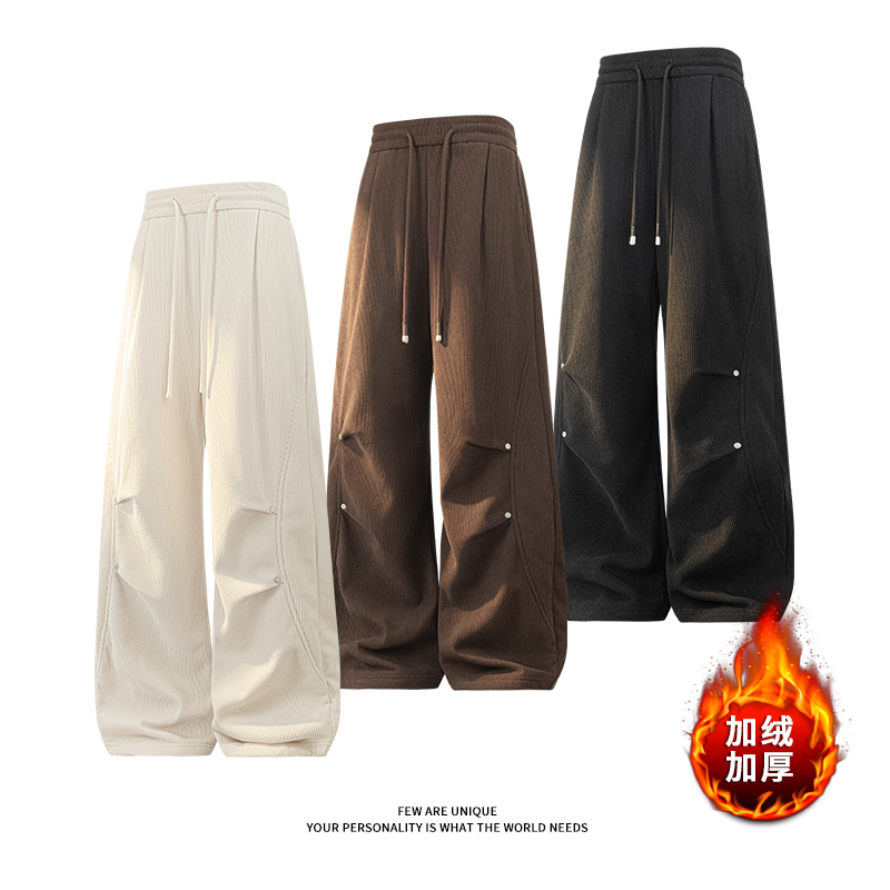 Xcool 柳钉褶皱灯芯绒加绒加厚阔腿休闲裤美式工装保暖防寒直筒裤