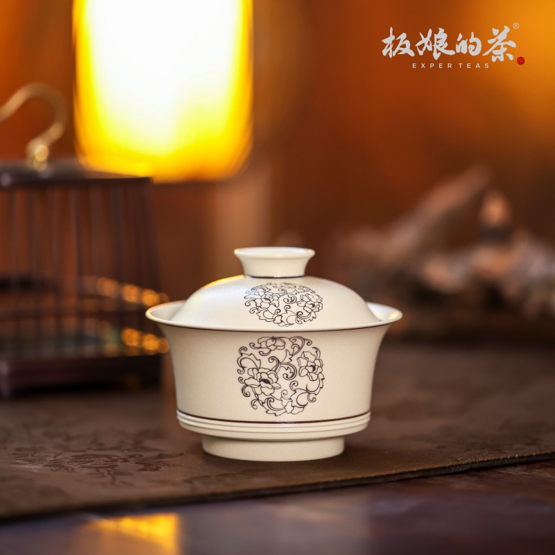 板娘的茶 南唐尔雅 吉州窑纯手工全手绘 缠枝莲团花马蹄盖碗 茶具