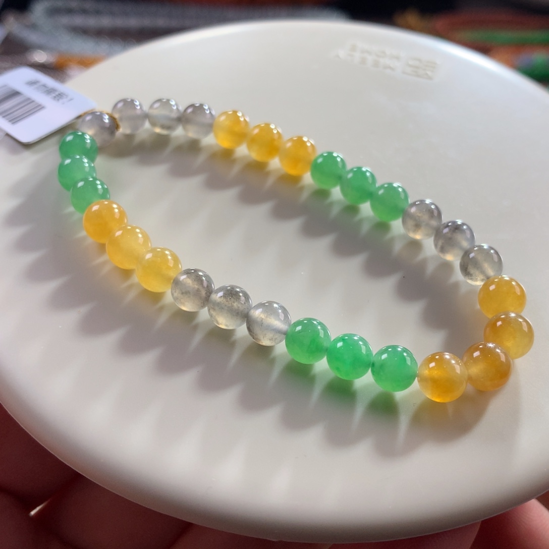 翡翠未镶嵌手链翡翠冰底三彩多宝卡6+