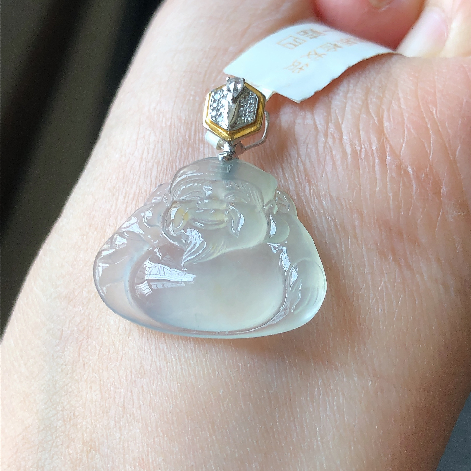 缅甸天然A货翡翠18k金镶嵌老坑冰种财神吊坠尺寸26.4/23.3/4.3