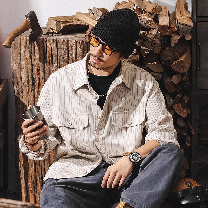 @放牧火星 条纹衬衫男长袖美式复古春季2025新款潮牌宽松休闲衬衣