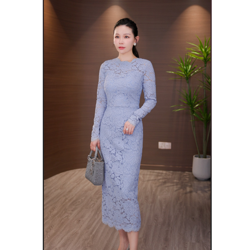 两色！徽标花卉蕾丝修身长袖连衣裙