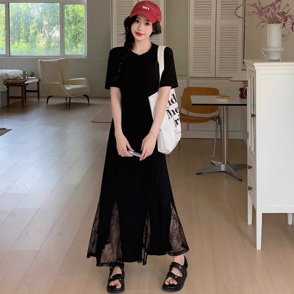 拼接网纱鱼尾长裙女2025胖MM夏季新款大码宽松显瘦藏肉短袖连衣裙