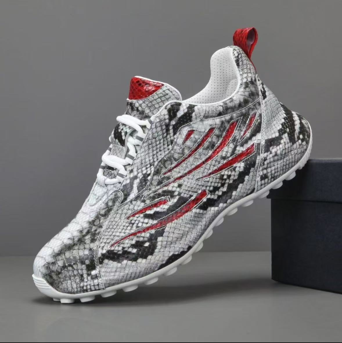 时尚休闲百搭透气软底男士运动真皮潮鞋手工运动鞋白红色男款舒适