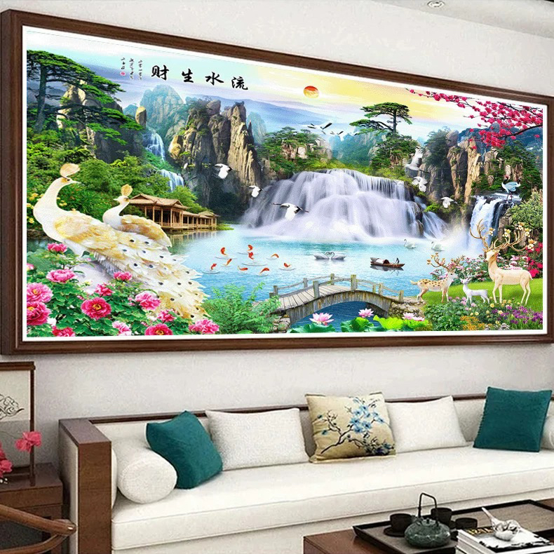 2.3大格纯手工绣好的十字绣成品0724/1081白玉孔雀流水生财装饰画