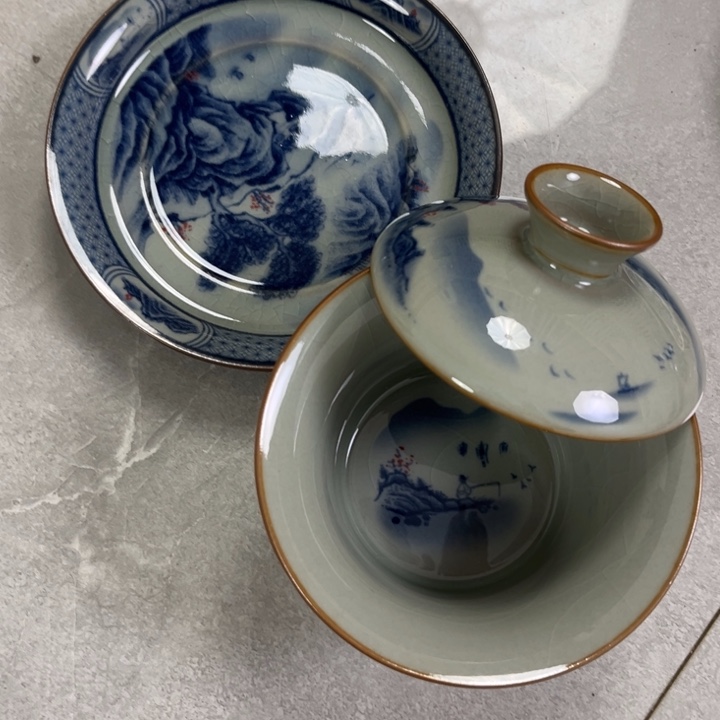 瓷摆件陶泥山水马蹄盖碗