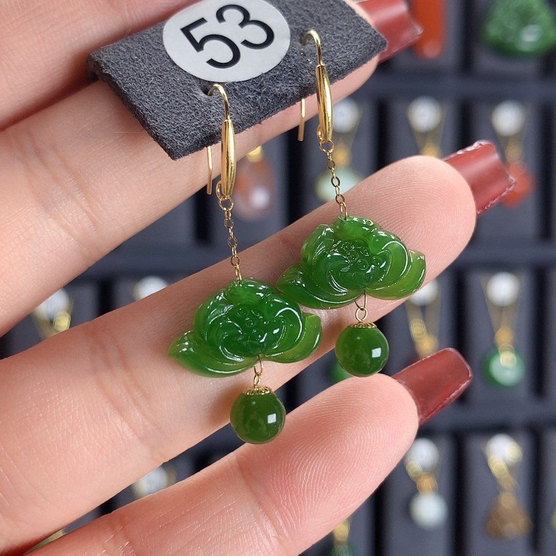 和田玉耳饰18K金镶嵌53