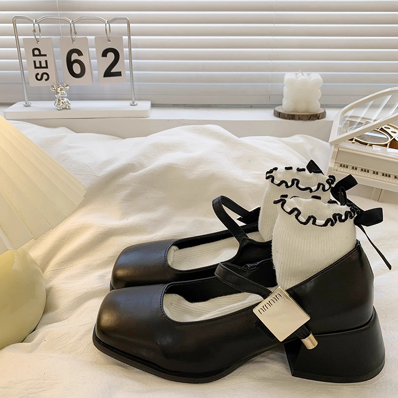法式复古百搭黑色粗跟小皮鞋女2025春季新款英伦风方头玛丽珍单鞋