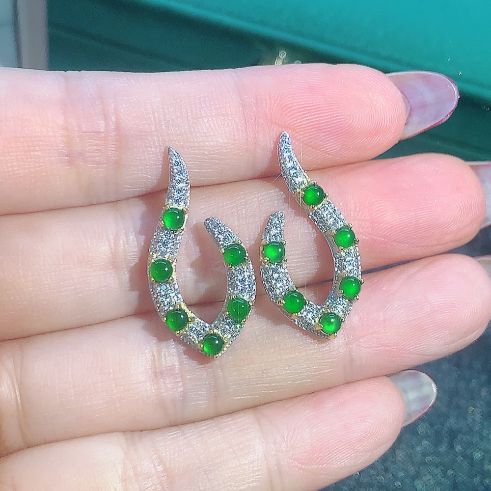 「霞姐翡翠」翡翠A货银镶嵌耳坠