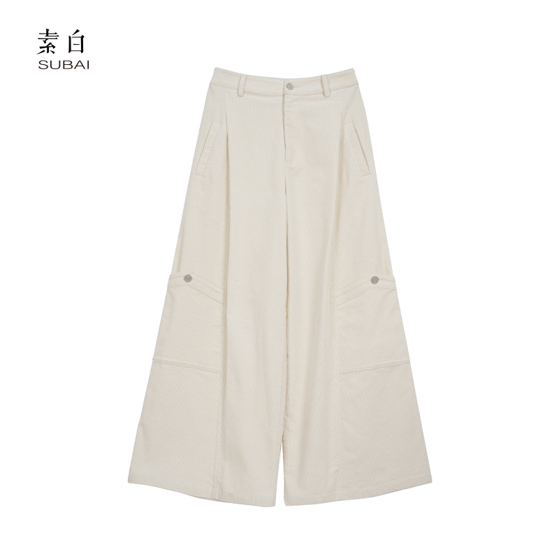 素白【白野】K02145灯芯绒简约百搭个性工装休闲裤