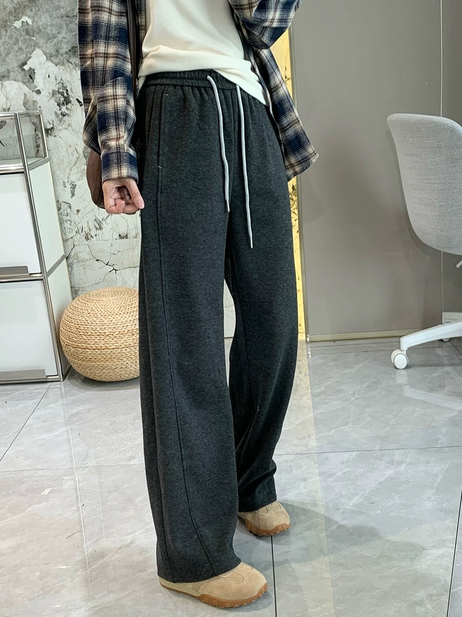 6114松弛显瘦立体剪裁加绒休闲女秋冬毛呢慵懒风保暖宽松阔腿裤