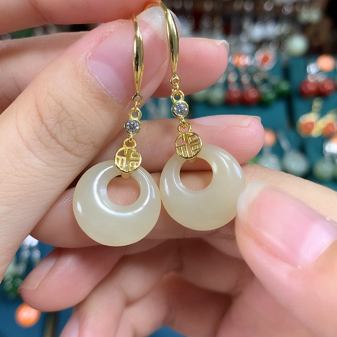 银S925镶嵌和田玉耳饰卡16左右