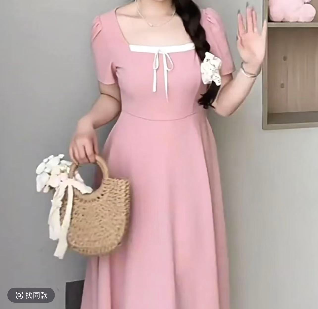 夏季显瘦茶歇桔梗温柔风法式方领裙子