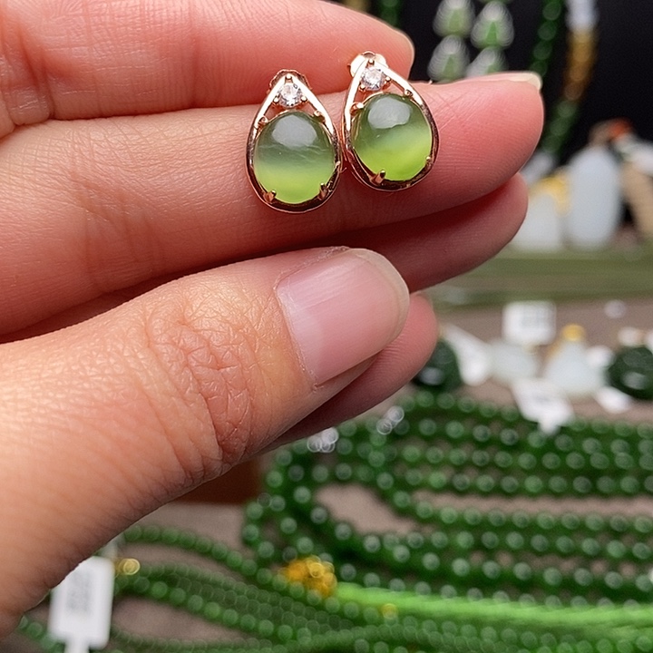 和田玉银S925镶嵌耳饰