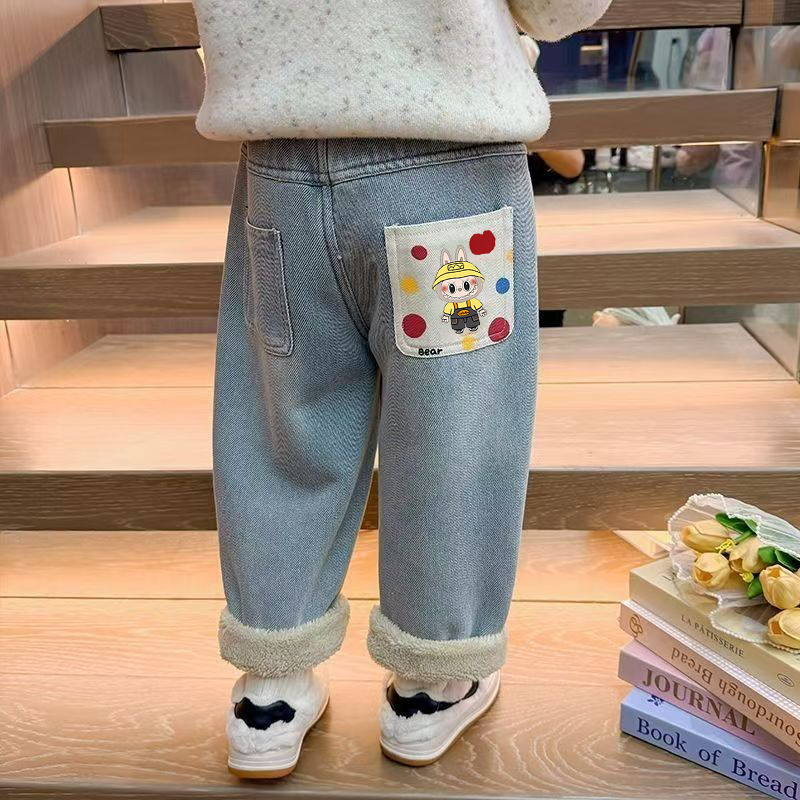 女男童加绒牛仔裤冬季新款加厚一体羊驼绒休闲裤宝宝冬装保暖裤子