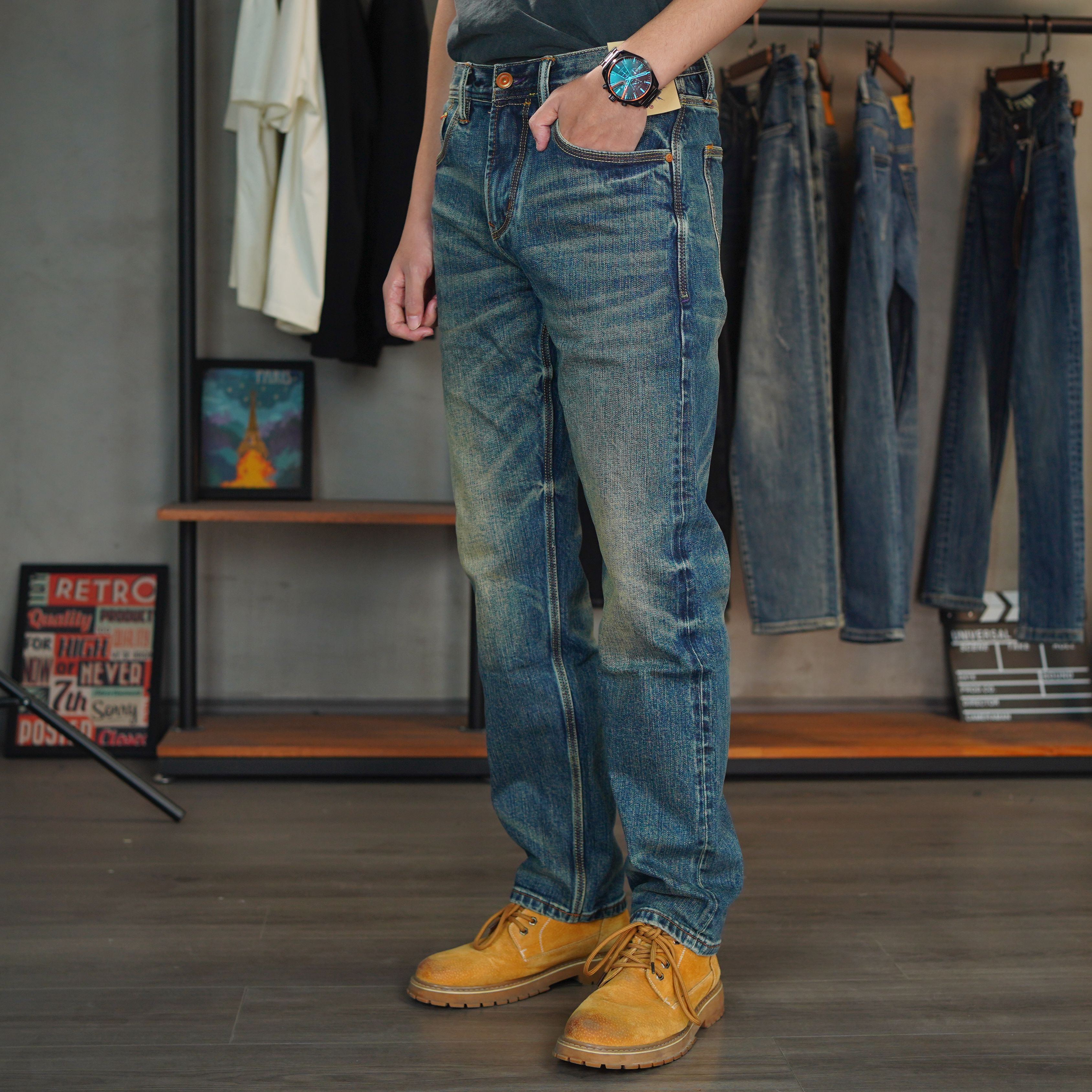 DH81090秋冬季赤耳丹宁复古风水洗直筒牛仔裤做旧粗狂怀旧男士502