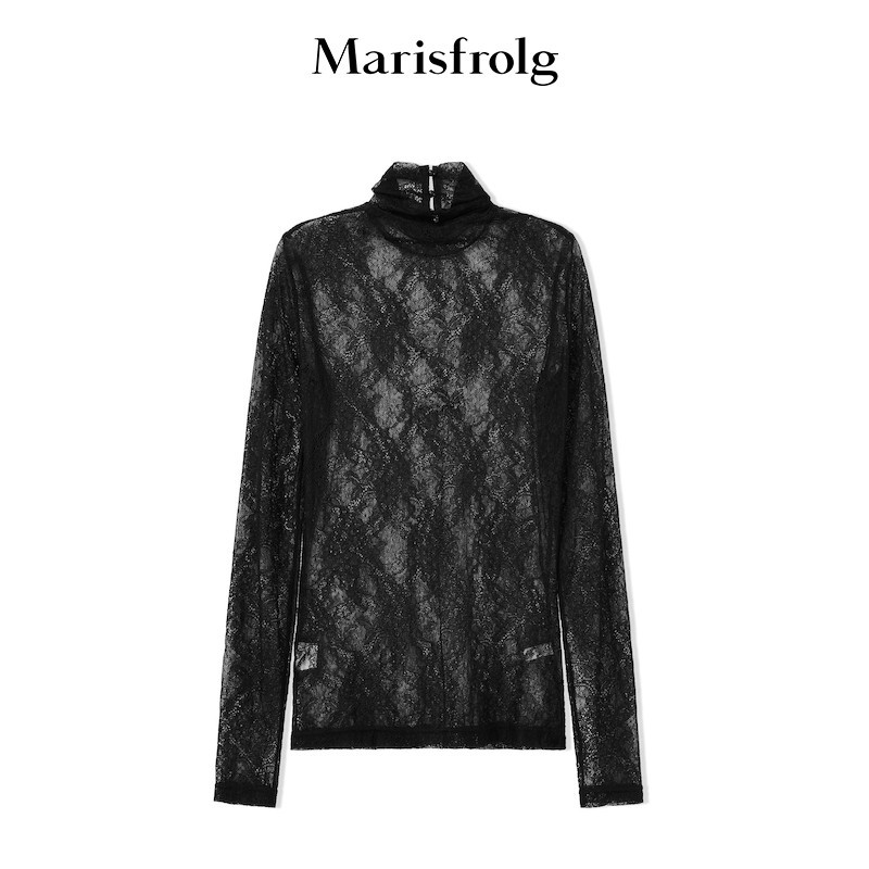 Marisfrolg/玛丝菲尔黑色蕾丝时尚百搭高领长袖打底衫A1CX1108E