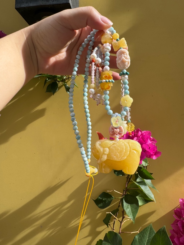 镶嵌款独角兽 天然蜜蜡立体胖独角兽一套