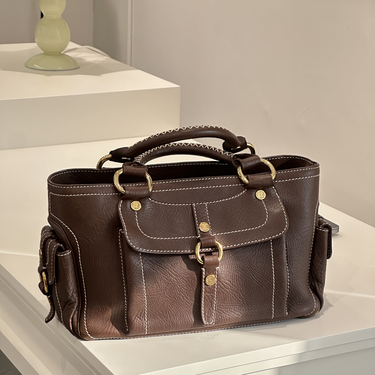 95新 Celine/思琳 深棕色牛皮外缝线托特手提包